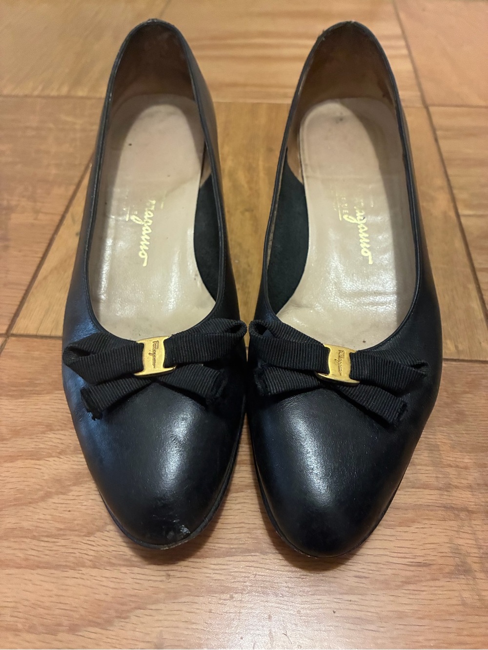 Salvatore Ferragamo Black Leather Bow Flats